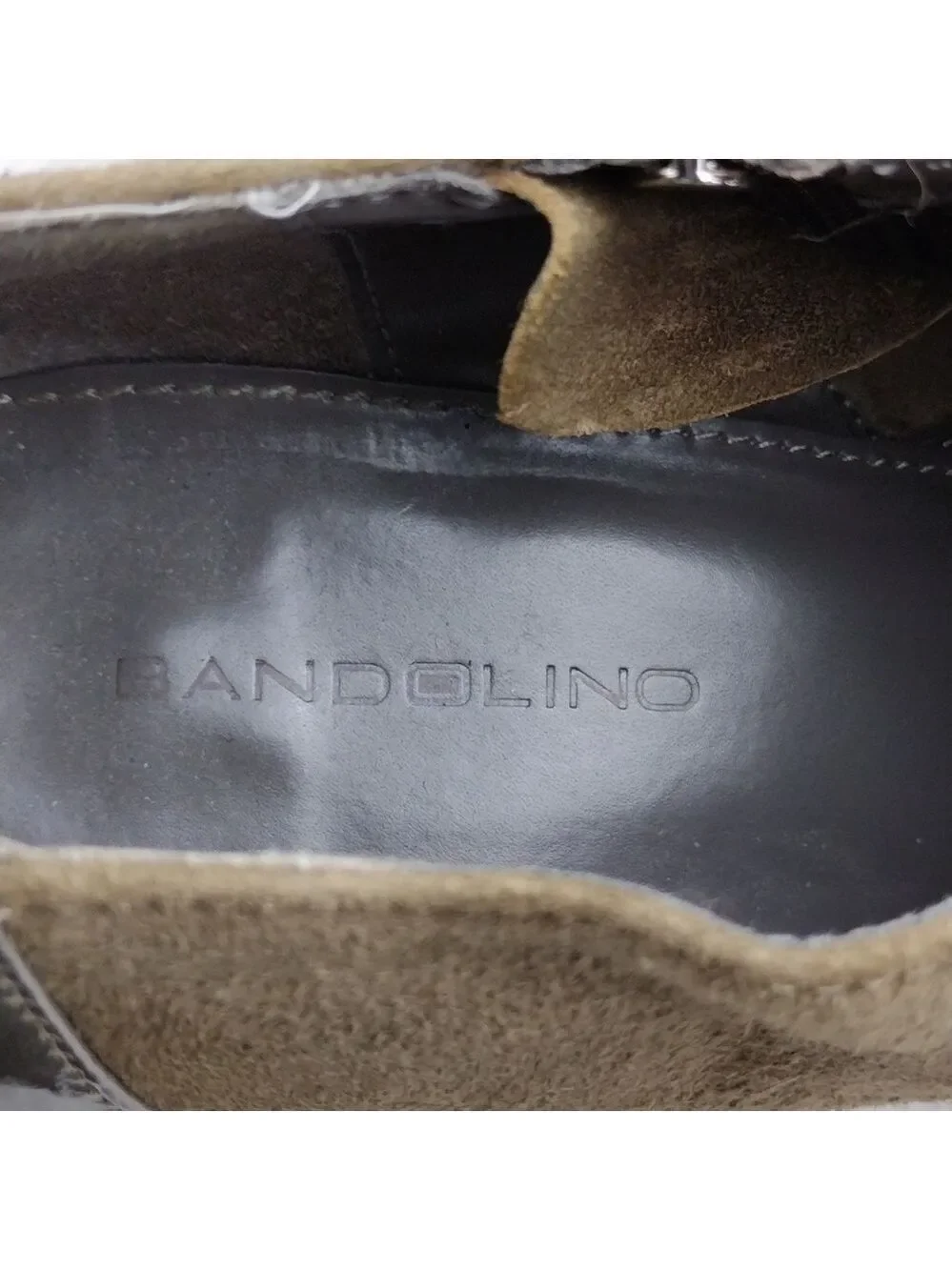 Bandolino Cardinal Taupe Suede Patent Leather Almond Toe High Heel Ankle Bootie